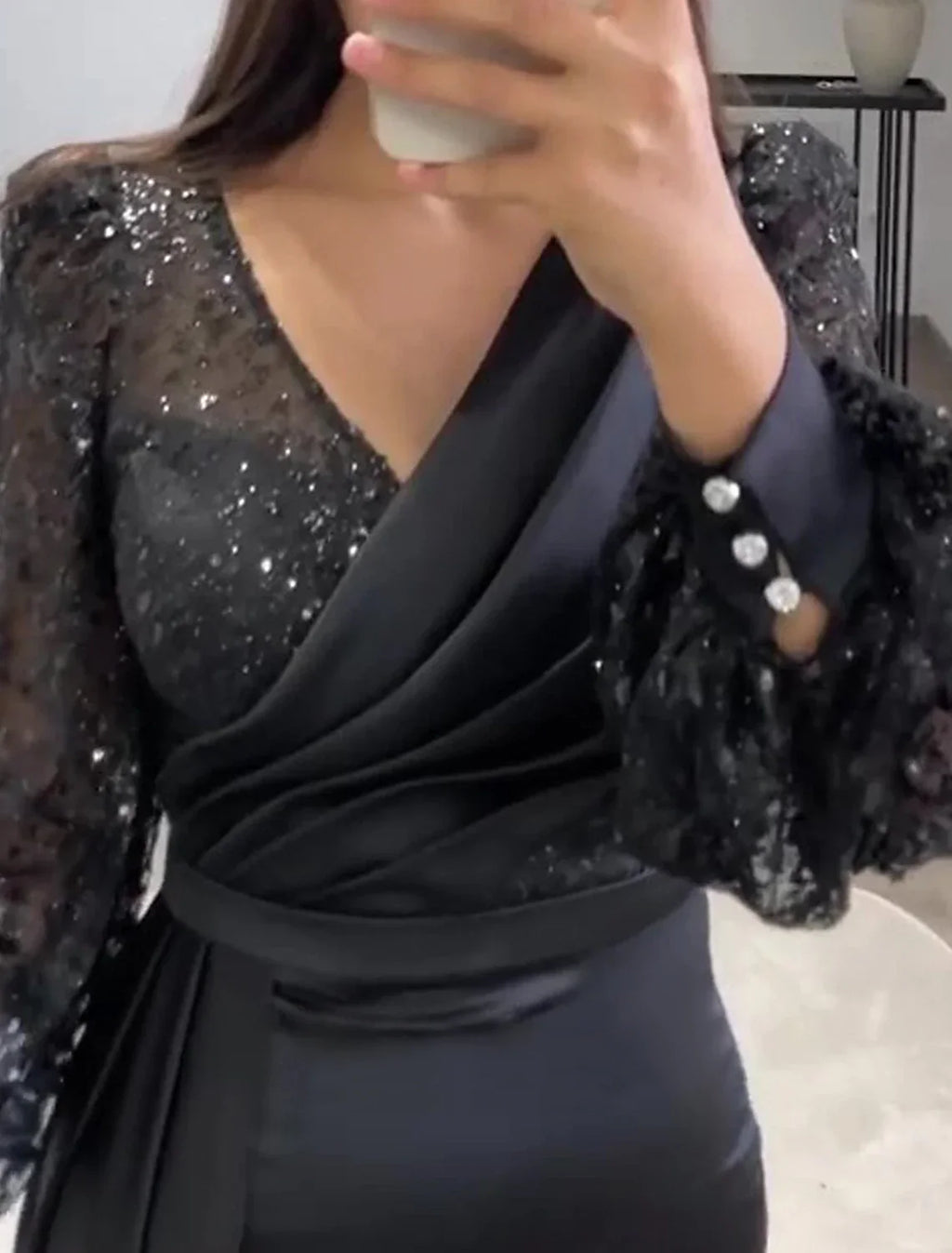 Black Mermaid / Trumpet Evening Gown Vintage Dress Formal Tie Floor Length Long Sleeve V Neck Charmeuse with Buttons Pearls