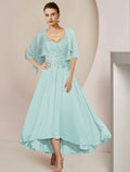 Two Piece A-Line Mother of the Bride Dress Formal Wedding Guest Elegant High Low V Neck Asymmetrical Tea Length 3/4 Length Sleeve Wrap Included with Appliques