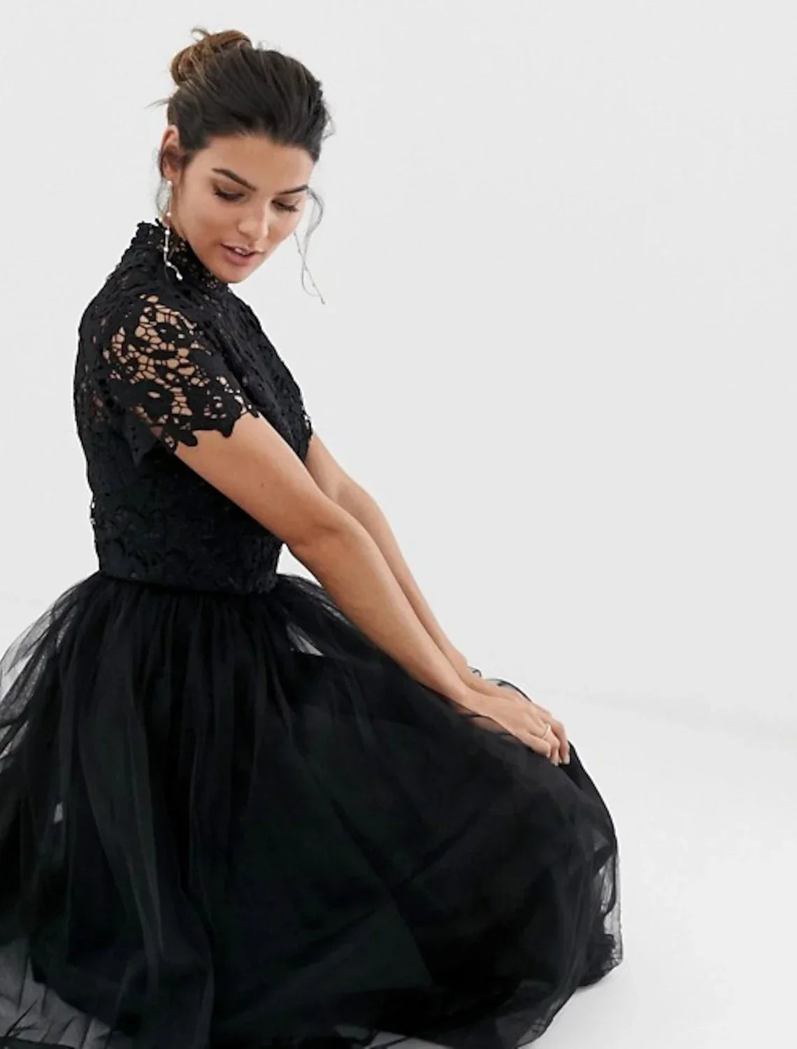 Black Cocktail Dresses Little Dress Dress Party Wear Wedding Guest Tea Length Short Sleeve High Neck Wednesday Addams Family with Pleats
