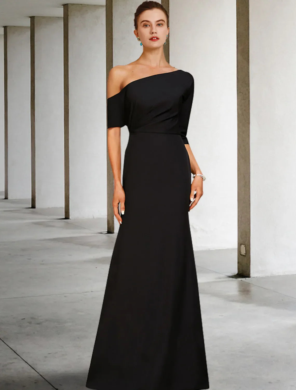 Mother of the Bride Dress Vintage Elegant One Shoulder Floor Length Charmeuse Length Sleeve Ruffles Side-Draped