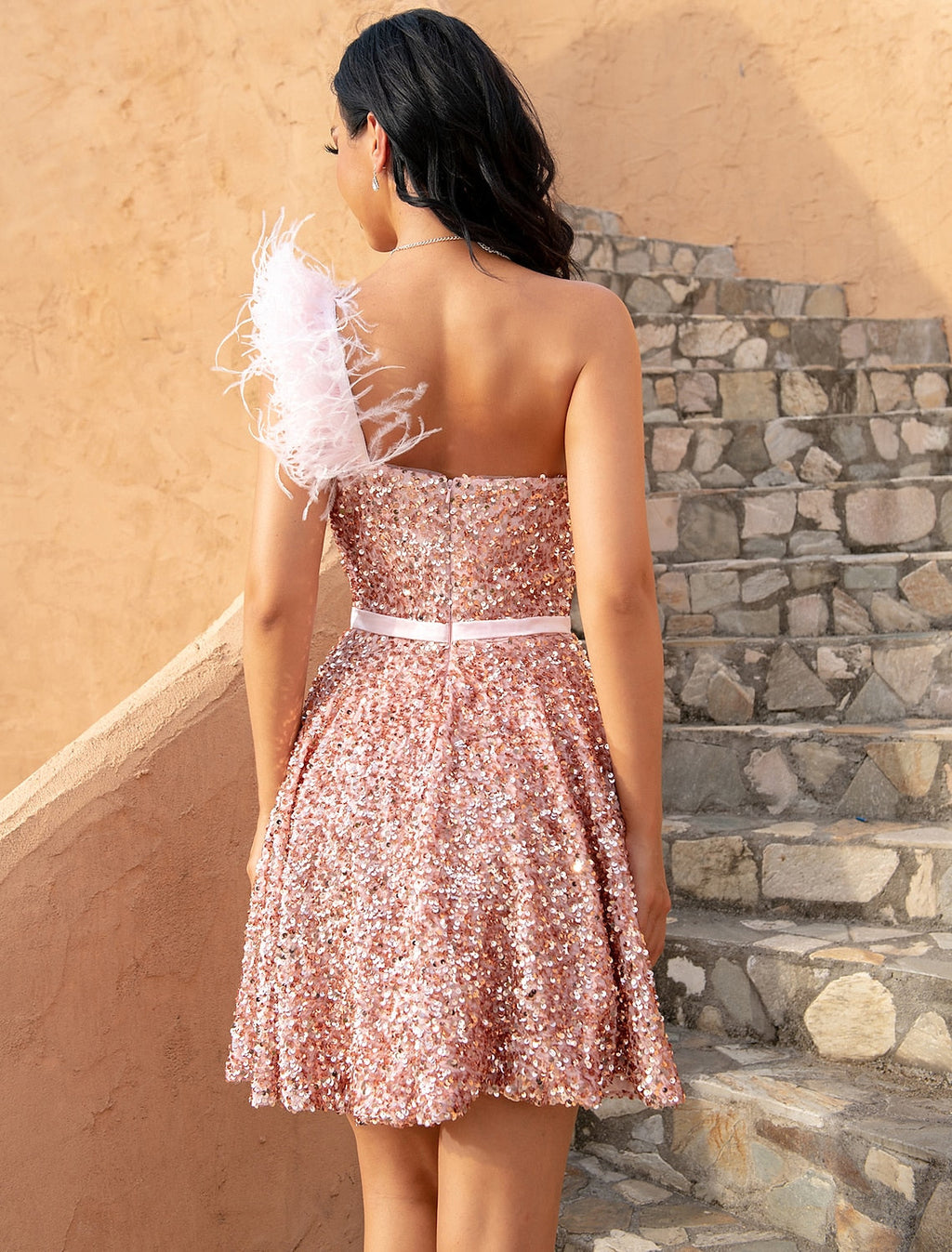 Pink Sheath / Column Homecoming Dresses Sparkle & Shine Dress Cocktail Party Birthday Short / Mini Sleeveless One Shoulder Dress with Feather