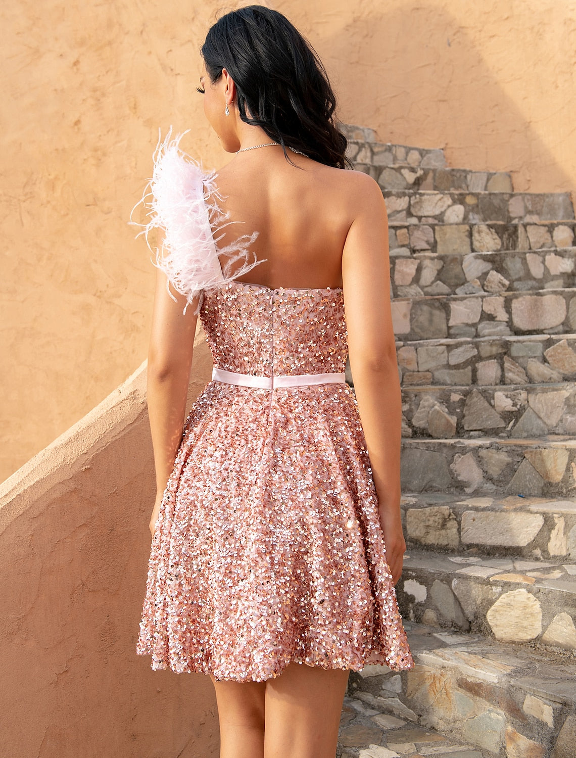 Pink Sheath / Column Homecoming Dresses Sparkle & Shine Dress Cocktail Party Birthday Short / Mini Sleeveless One Shoulder Dress with Feather