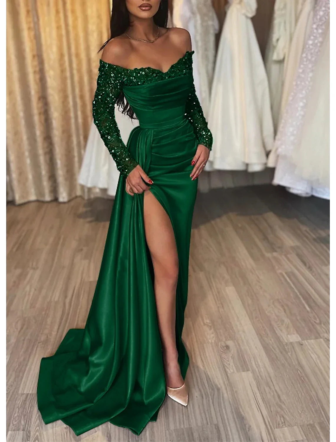 Black Mermaid Dress Evening Gown Ruched Dress Formal Sparkle Wedding Party Court Train Long Sleeve Off Shoulder Fall Wedding Reception with Slit