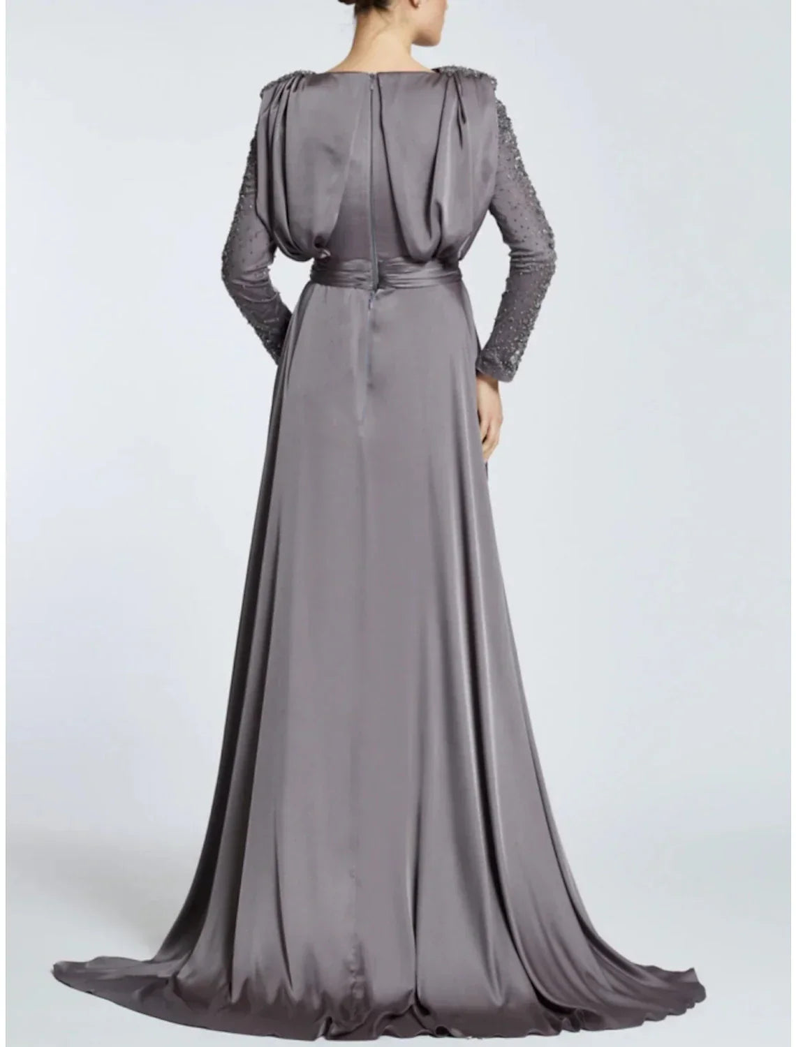 Mother of the Bride Dress Wedding Guest Elegant Scoop Neck Sweep / Brush Train Long Sleeve with Ruching