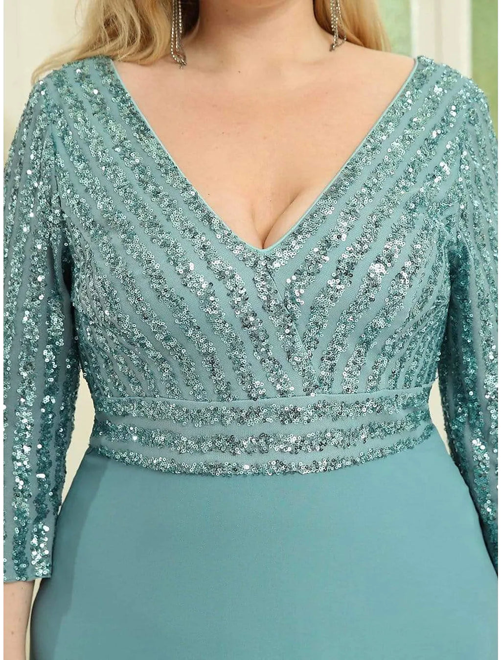 Evening Gown Plus Size Dress Wedding Guest Floor Length Length Sleeve V Neck V Back
