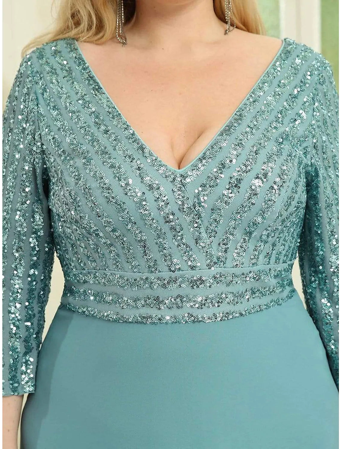 Evening Gown Plus Size Dress Wedding Guest Floor Length Length Sleeve V Neck V Back