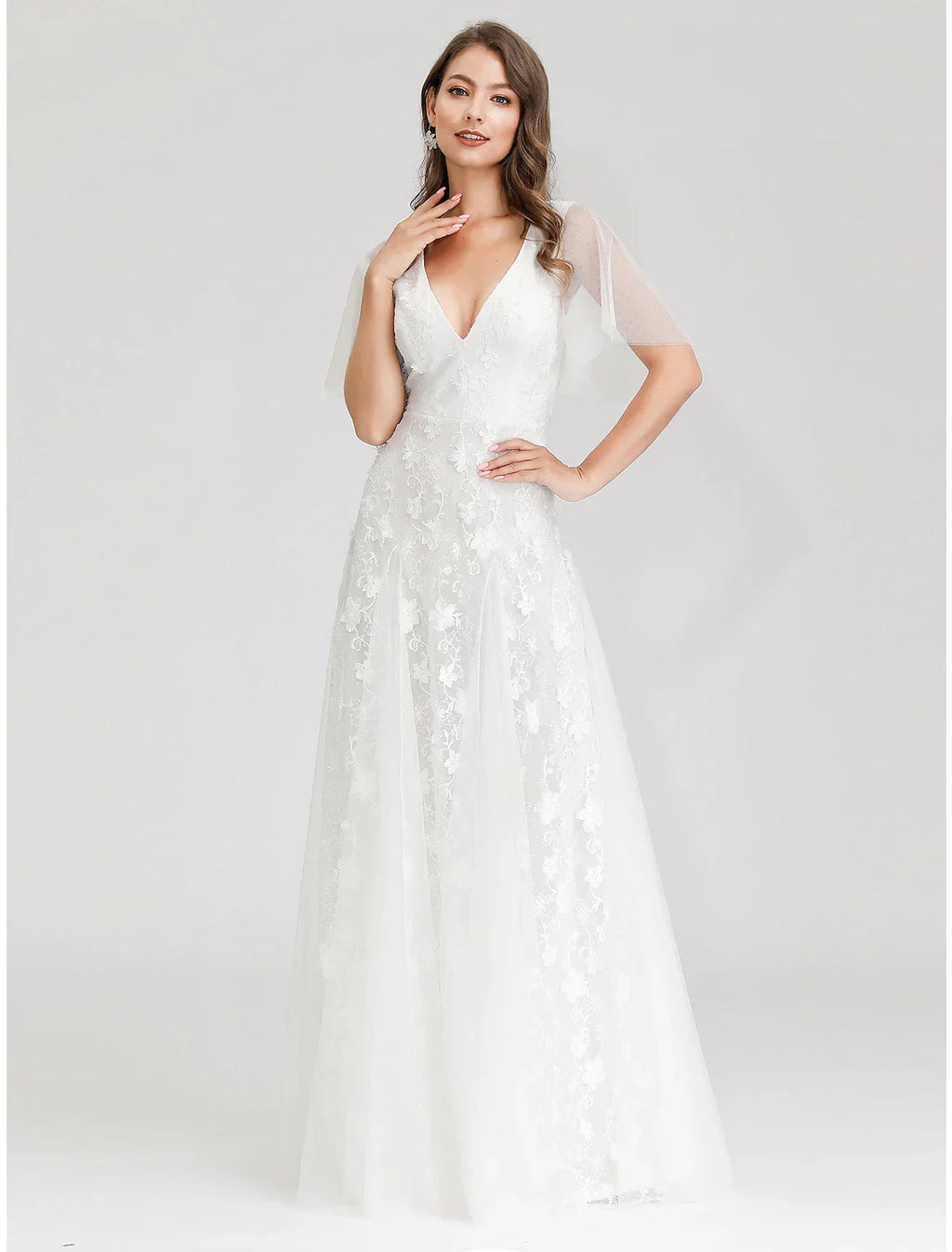 Open Back Dresses A-Line Short Sleeve V Neck Appliques