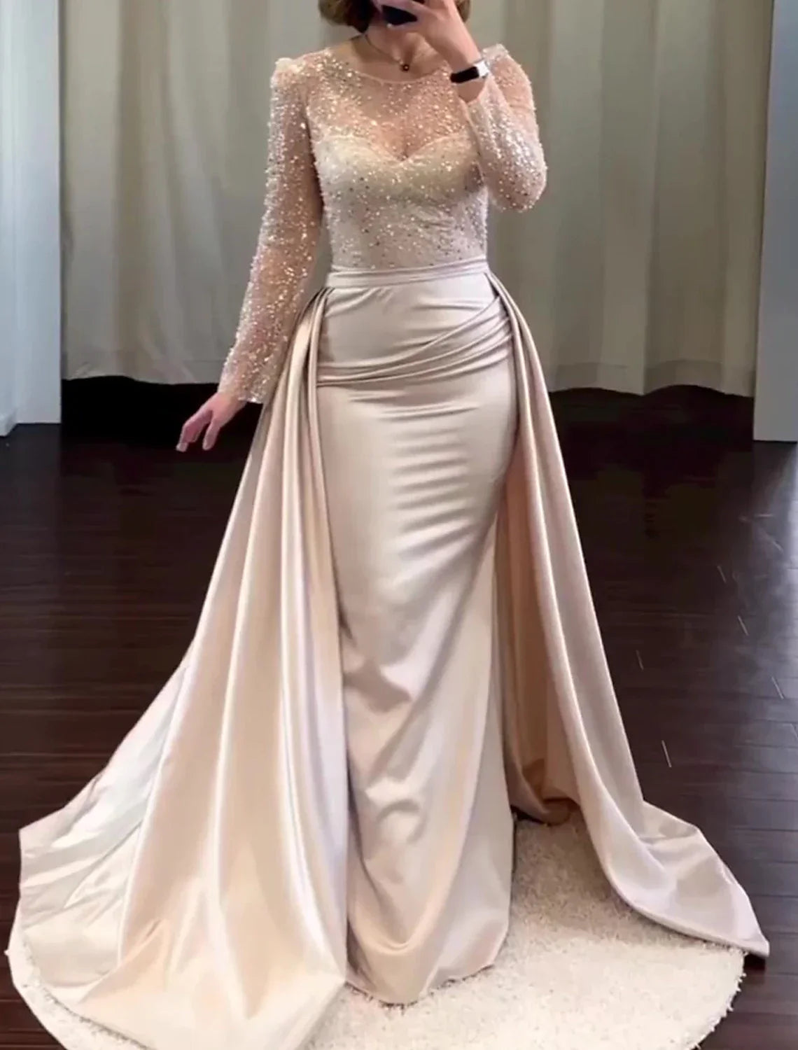 Black Mermaid / Trumpet Evening Gown Convertible Infinity Dress Wedding Tie Floor Length Long Sleeve Jewel Neck Detachable with Pearls