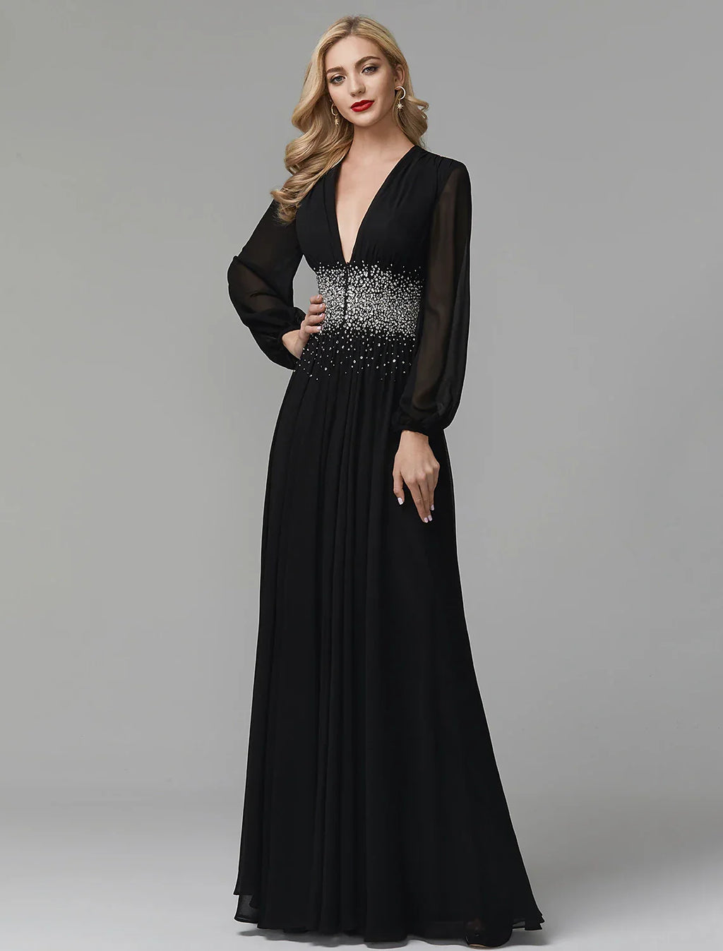 Black Evening Dress Celebrity Red Carpet Formal Gown Tie Wedding Guest Floor Length Long Sleeve V Neck