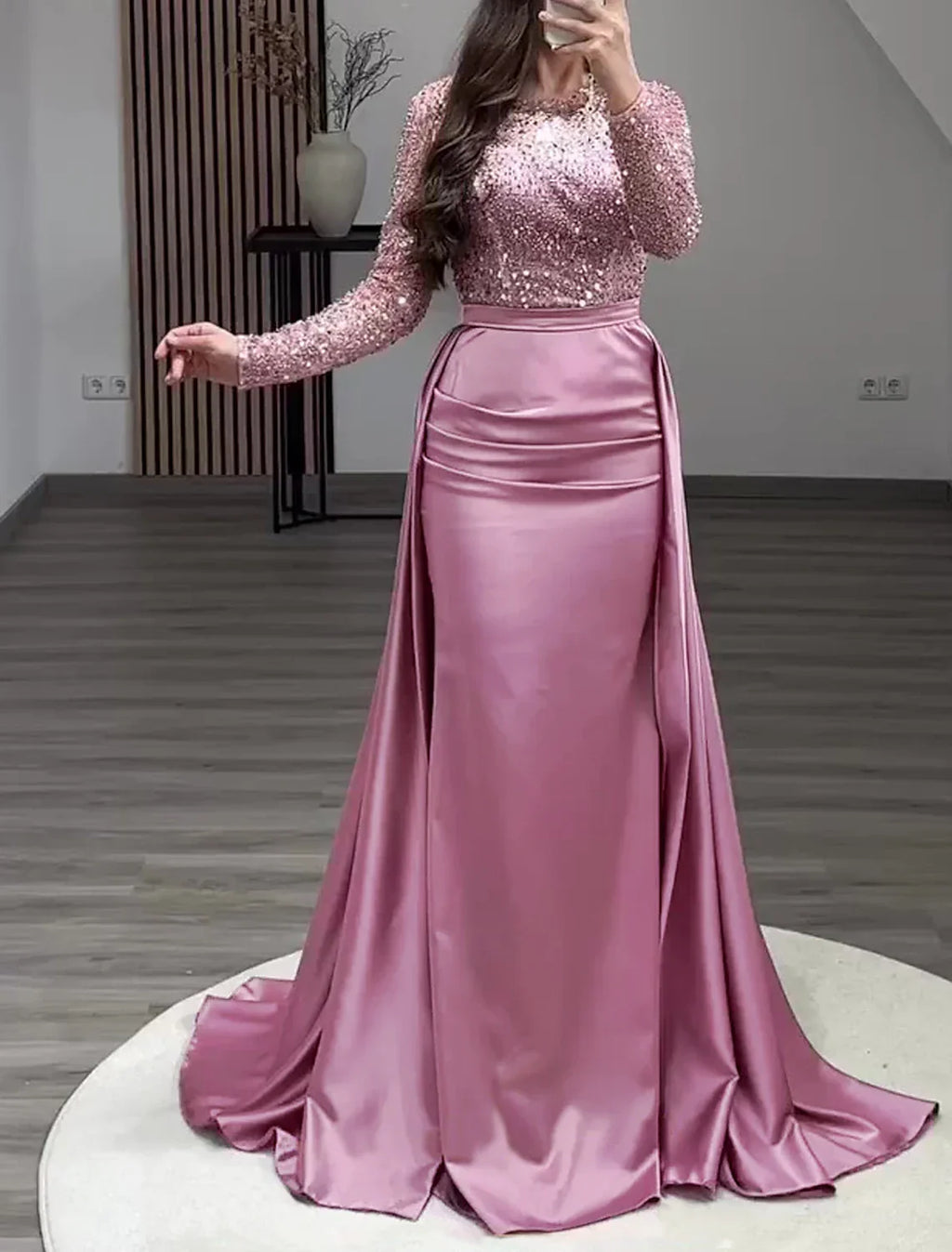 Mermaid Evening Gown Ruched Dress Long Sleeves Floor Length Sparkle Illusion Neck Fall Wedding Guest Dress with Pearls Overskirt
