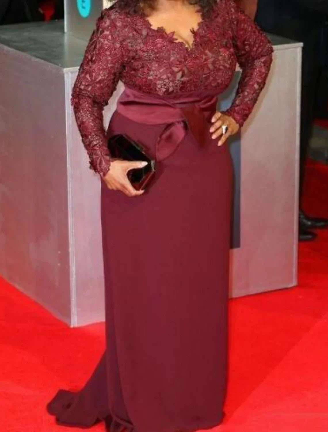 Sheath / Column Celebrity Style Plus Size Engagement Formal Evening Dress V Neck Long Sleeve Sweep / Brush Train with Sash / Ribbon Appliques