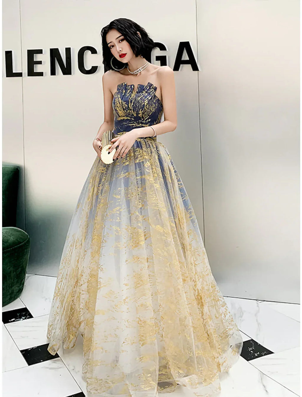 Sparkle Engagement Prom Dress Strapless Sleeveless Floor Length