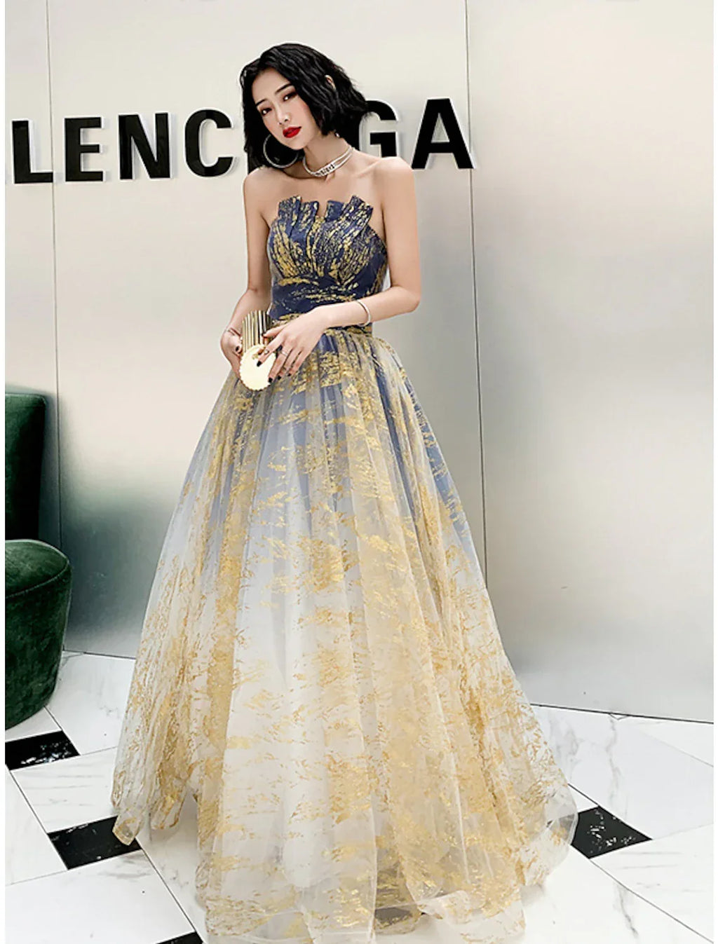 Color Block Sparkle Engagement Prom Dress Strapless Sleeveless Floor Length