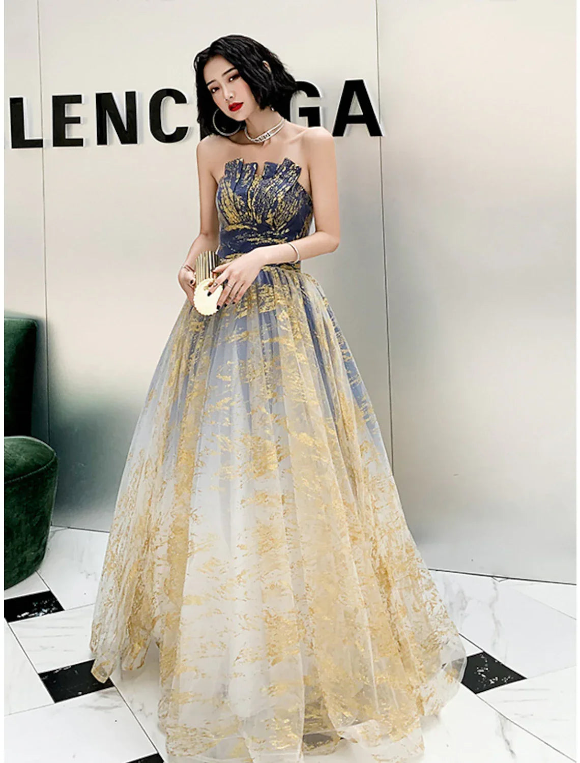 Color Block Sparkle Engagement Prom Dress Strapless Sleeveless Floor Length