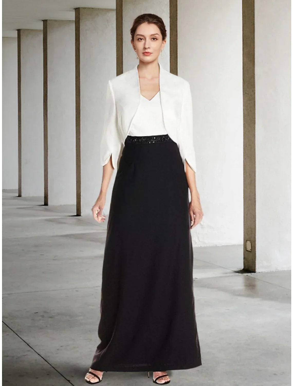 Black Two Piece Sheath / Column Mother of the Bride Dress Wedding Guest Elegant Dress V Neck Ankle Length Half Sleeve with Split Front Ruching