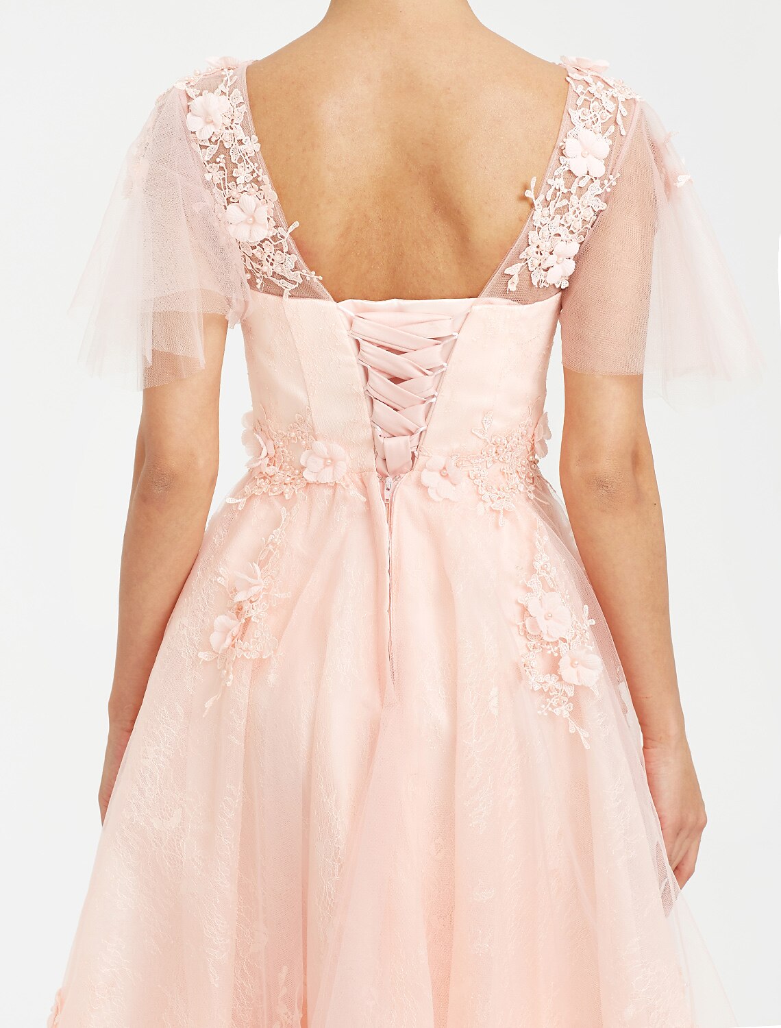 Wedding Guest Tea Length Short Sleeve V Neck with Appliques