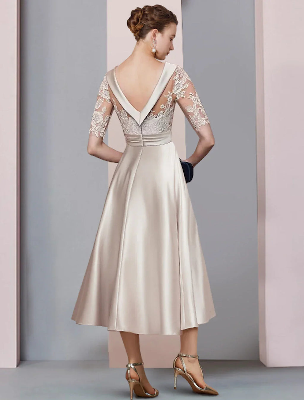 Mother of the Bride Dress Wedding Guest Elegant Vintage Scoop Neck Tea Length Half Sleeve with Ruched Appliques