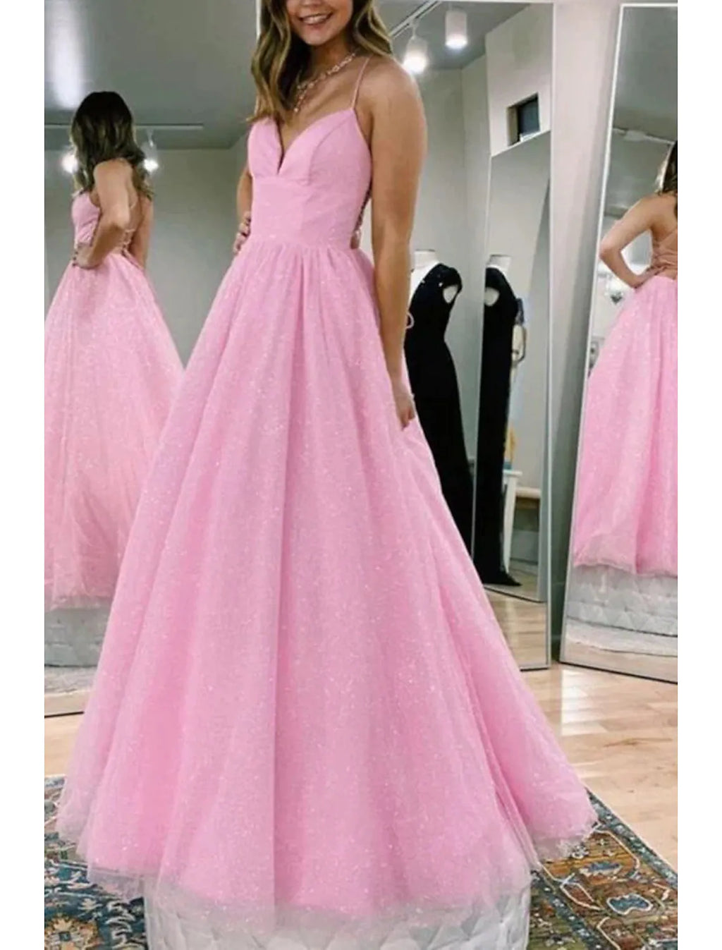 Ball Gown A-Line Prom Dresses Glittering Dress Formal Floor Length Sleeveless V Neck Backless with Pleats