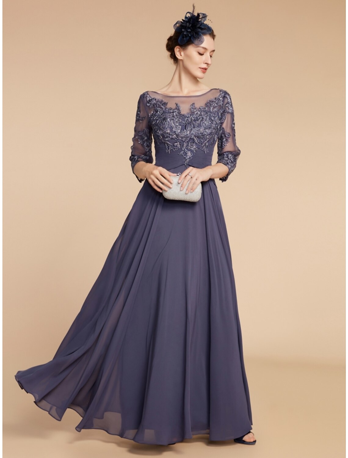 Mother of the Bride Dress Wedding Guest Elegant Scoop Neck Floor Length 3/4 Length Sleeve with Ruching Solid Color