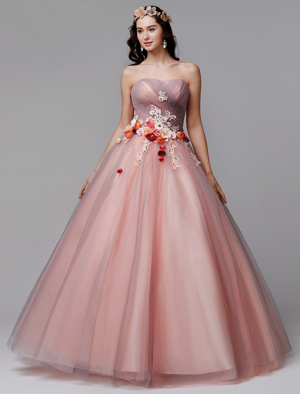 Ball Gown Floral Formal Evening Dress Strapless Sleeveless Floor Length with Pleats Flower