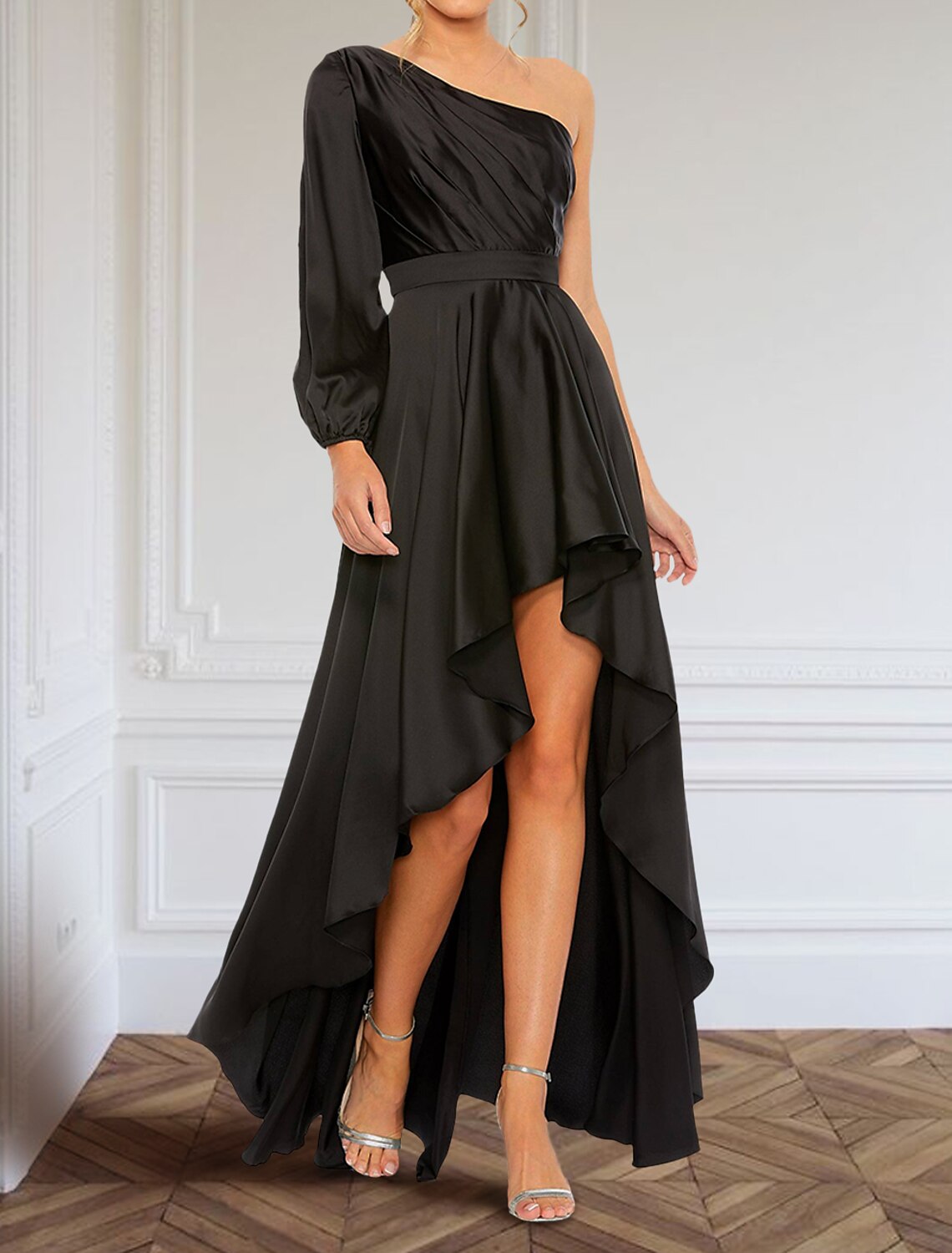 Evening Gown Elegant Dress Formal Asymmetrical Long Sleeve One Shoulder Charmeuse with Ruffles