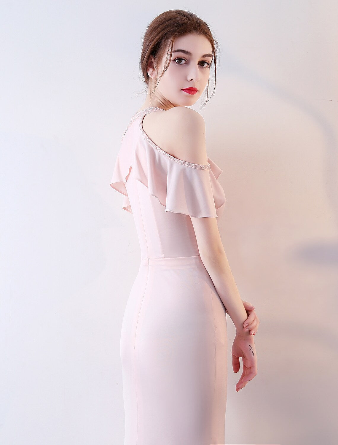Floor Length Short Sleeve Halter Beading Ruffles