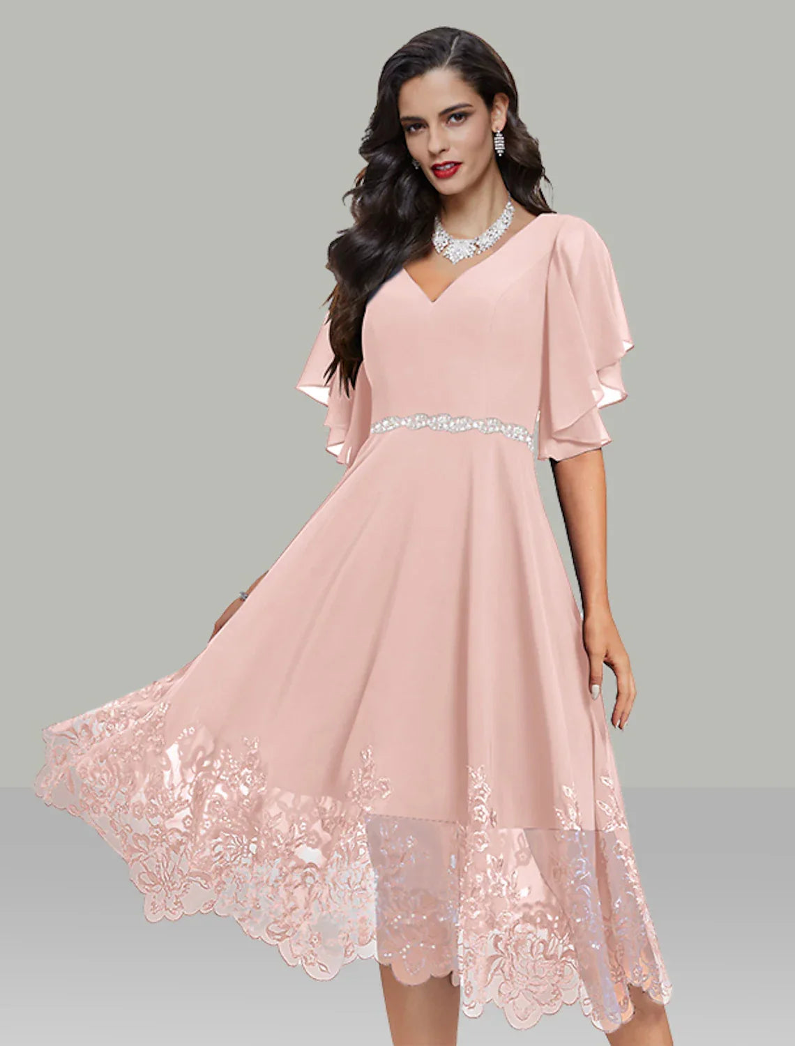 Wedding Guest Dresses Elegant Dress Cocktail Party Tea Length Short Sleeve V Neck Belt / Sash with Rhinestone Glitter Embroidery