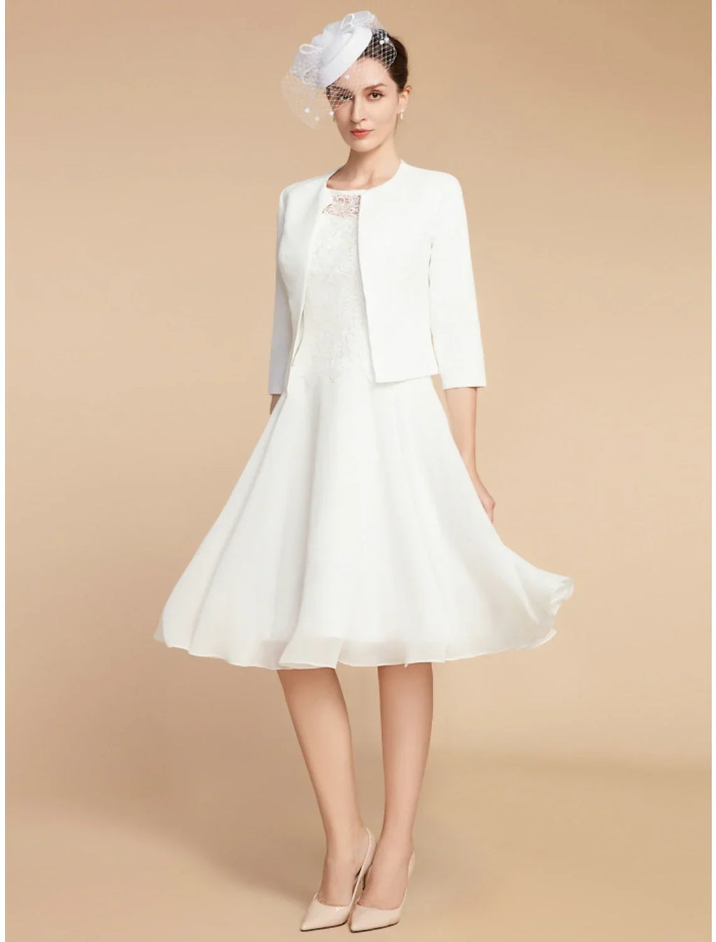 Two Piece A-Line Mother of the Bride Dress Wedding Guest Elegant Petite Jewel Neck Knee Length 3/4 Length Sleeve with Pleats Solid Color