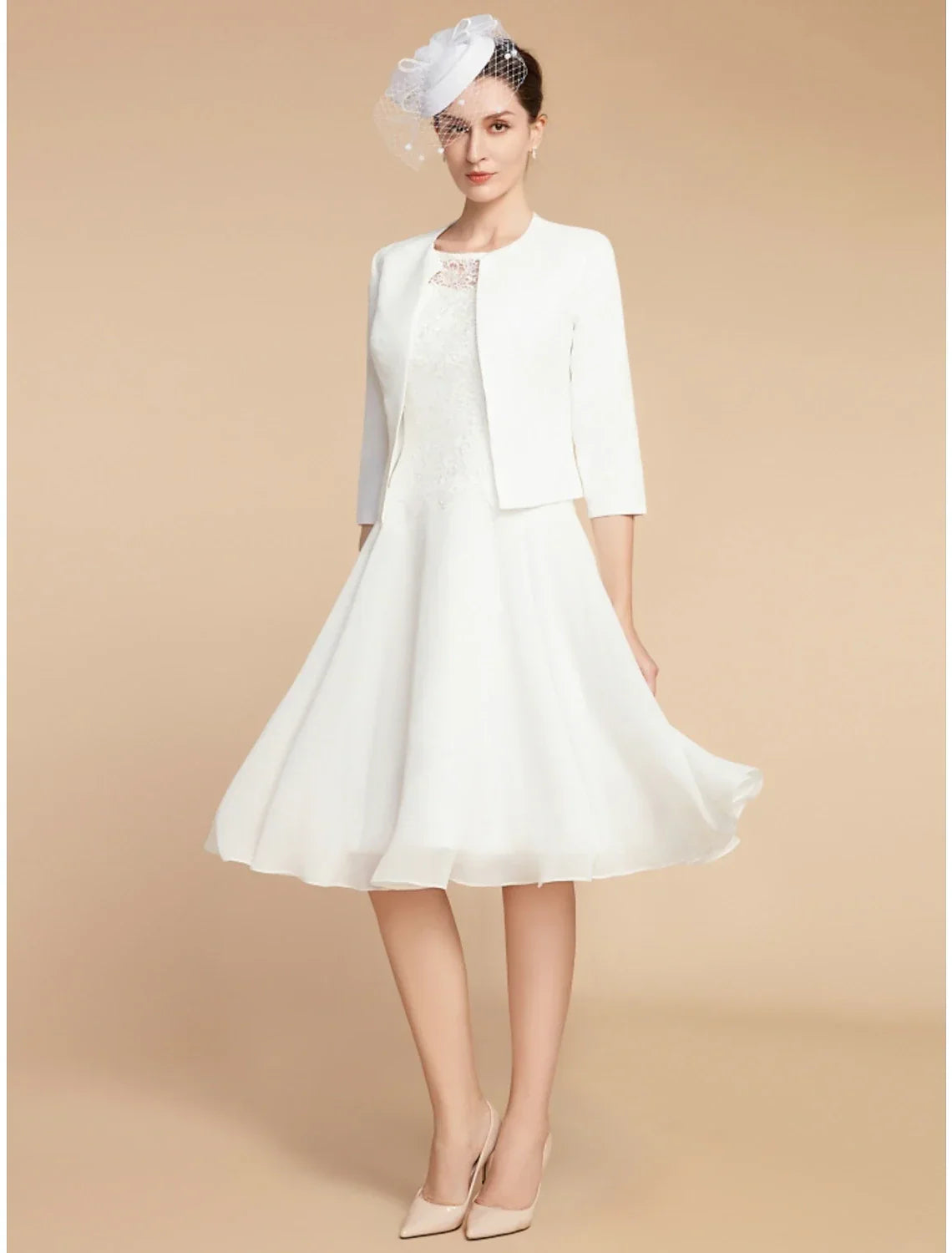 Two Piece A-Line Mother of the Bride Dress Wedding Guest Elegant Petite Jewel Neck Knee Length 3/4 Length Sleeve with Pleats Solid Color