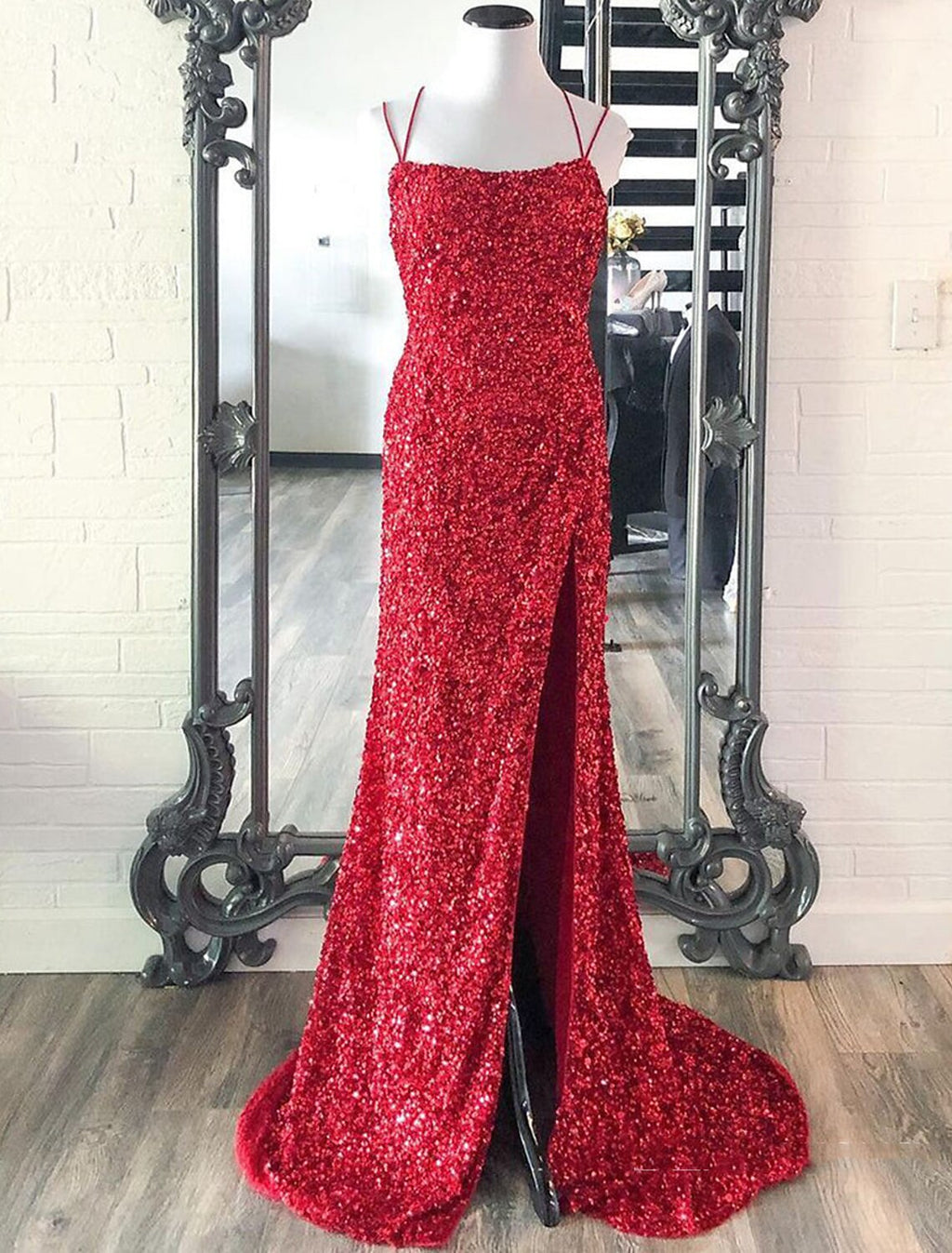 Mermaid / Trumpet Prom Dresses Sparkle & Shine Dress Wedding Guest Party Wear Floor Length Sleeveless Spaghetti Strap with Slit