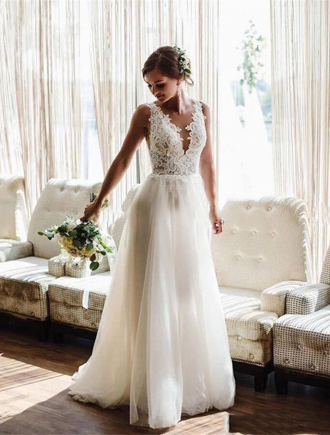 Beach Wedding Dresses Floor Length A-Line Sleeveless V Neck With Pleats Appliques