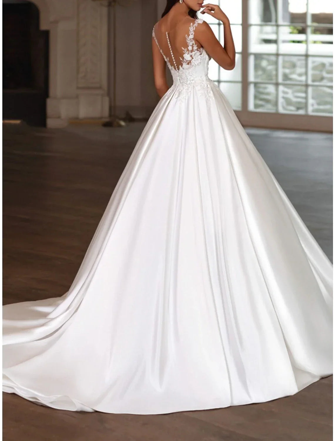 Reception Formal Wedding Dresses A-Line V Neck Sleeveless Court Train Bridal Gowns With Pleats Appliques