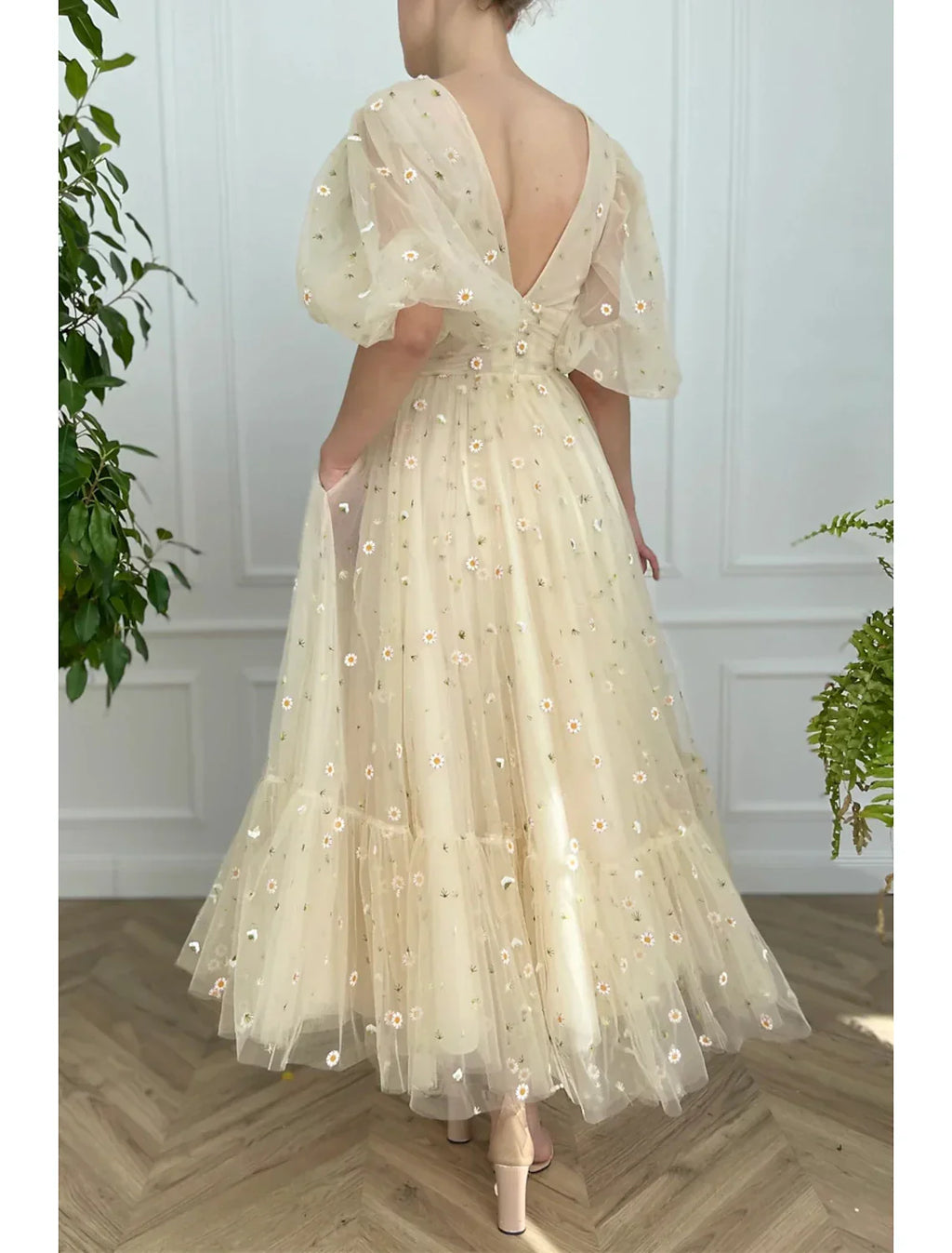 Floral Dress Formal Wedding Guest Ankle Length Half Sleeve V Neck V Back with Pleats Ruched