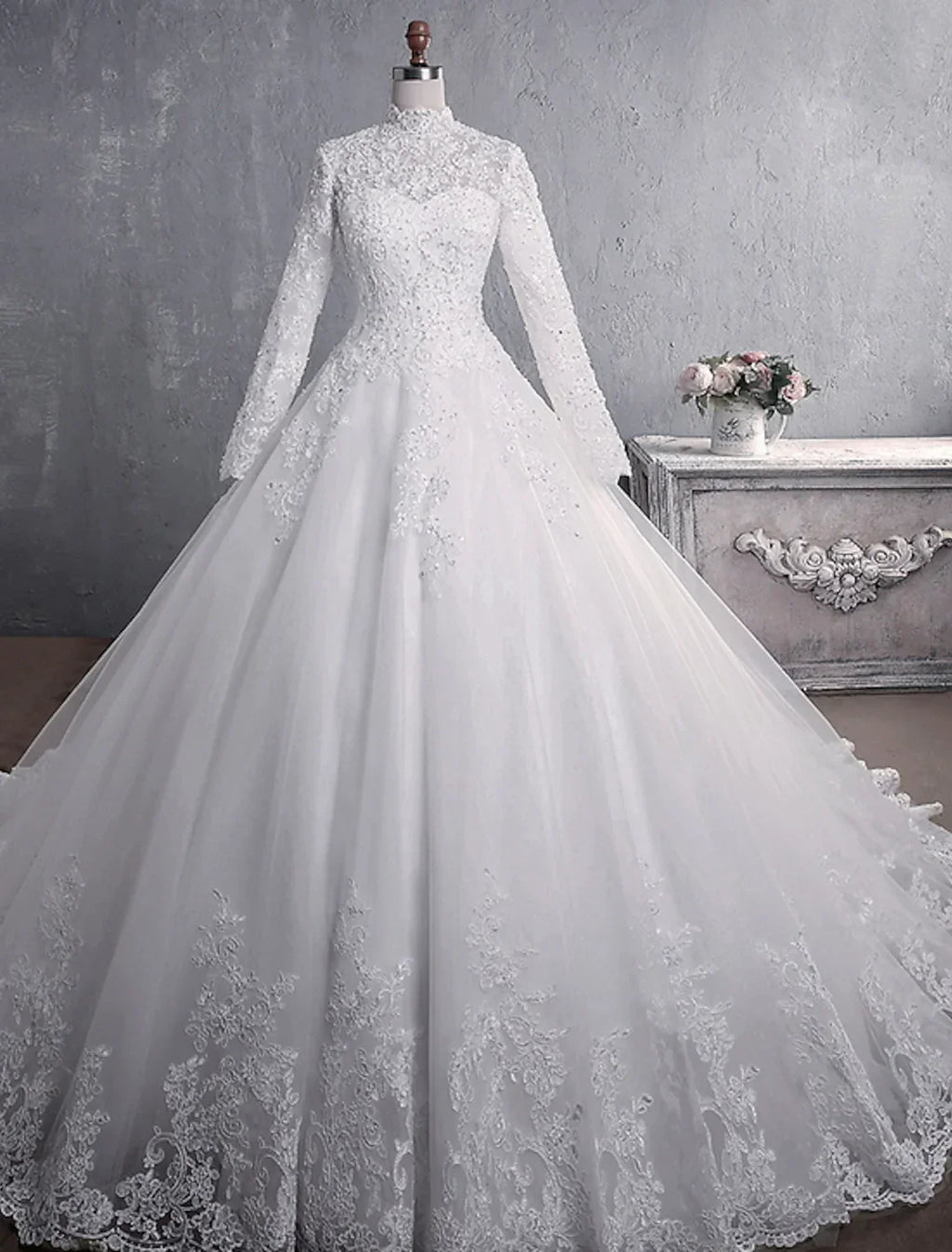 Engagement Formal Wedding Dresses Princess Long Sleeve High Neck Appliques