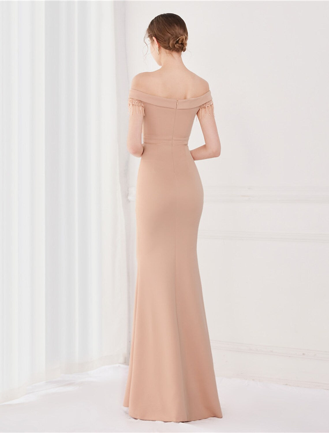 Sexy Wedding Formal Evening Dress Off Shoulder V Back Short Sleeve Floor Length with Tassel