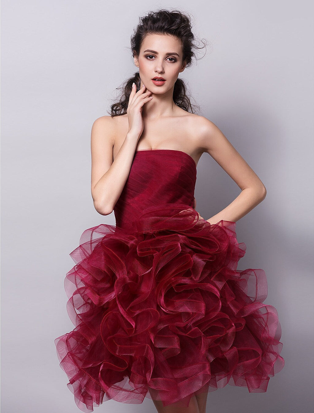 Cocktail Party Dress Strapless Sleeveless Short Mini with Ruched Tier