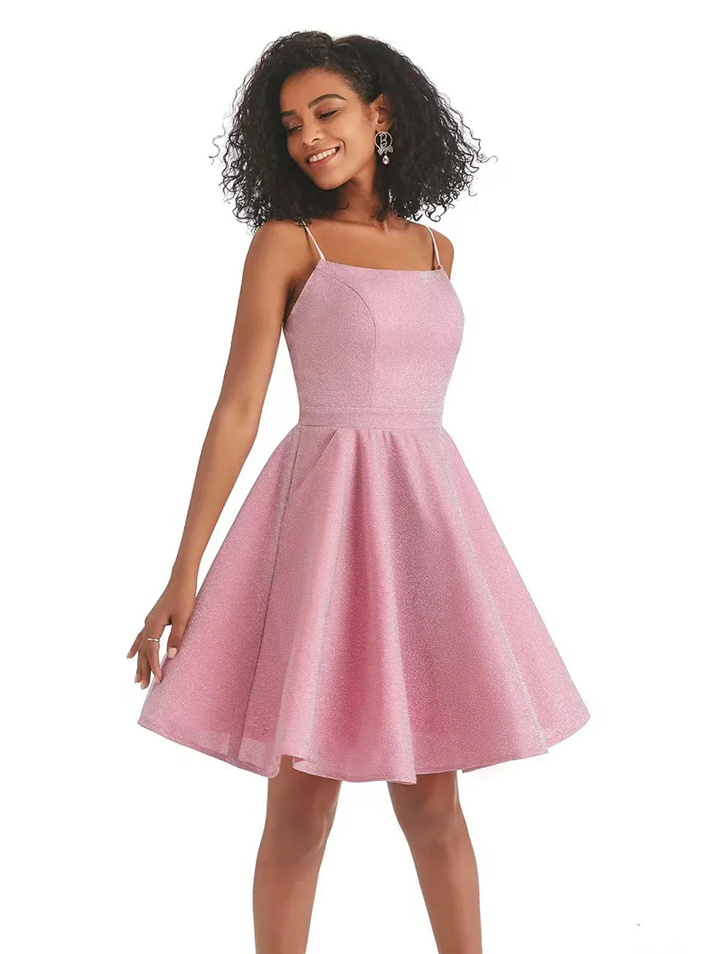Pink Homecoming Dresses Backless Dress Graduation Short / Mini Sleeveless Spaghetti Strap Dress Lurex Fabric with Strappy