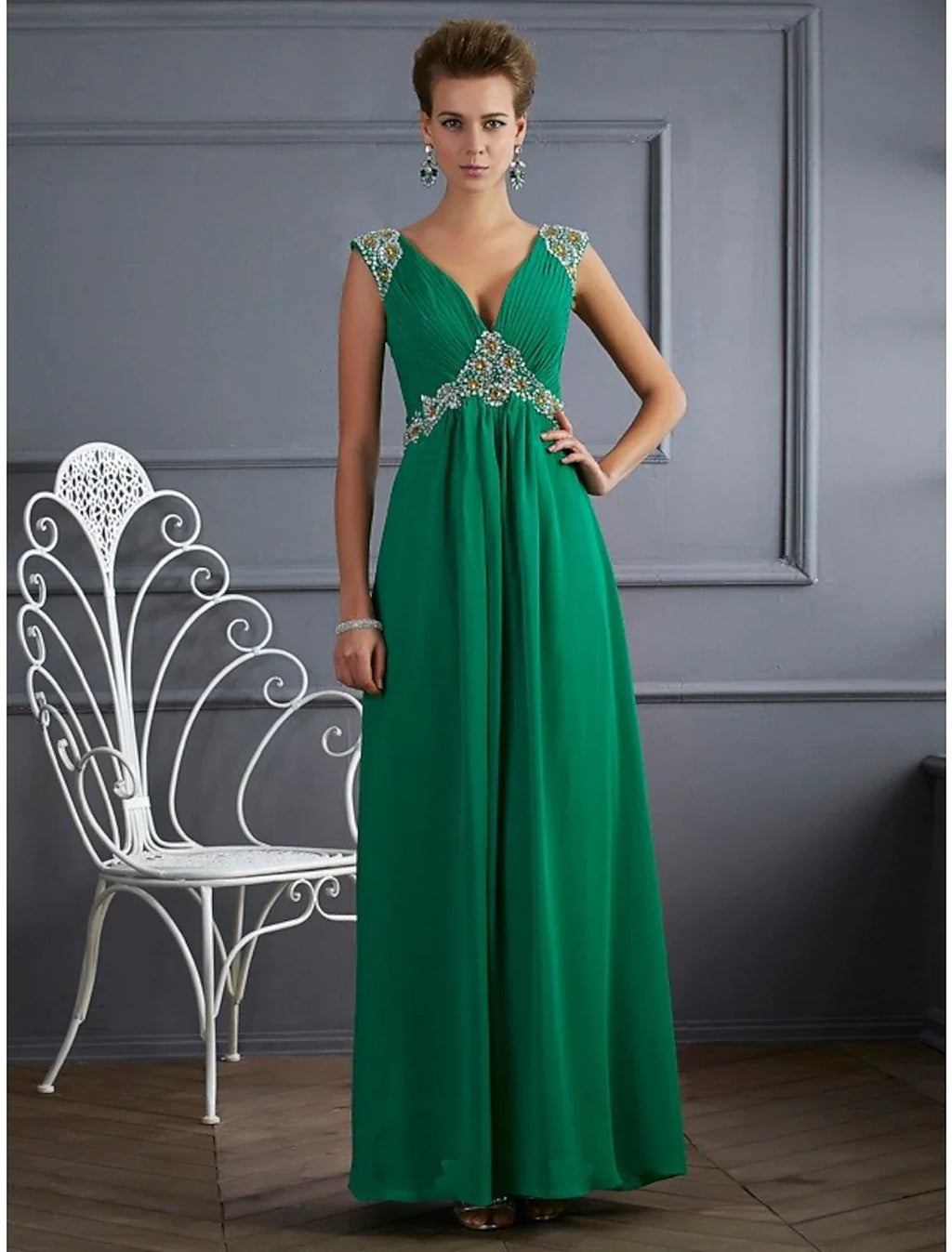 Evening Gown Sparkle & Shine Dress Formal Floor Length Sleeveless V Neck with Rhinestone Ruched