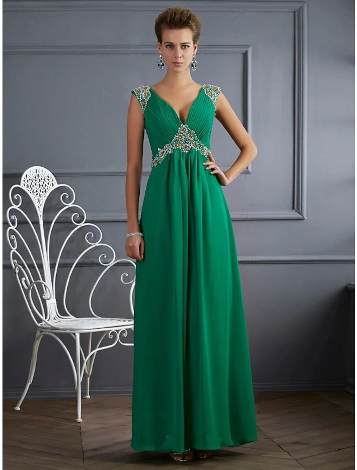 Evening Gown Sparkle & Shine Dress Formal Floor Length Sleeveless V Neck with Rhinestone Ruched