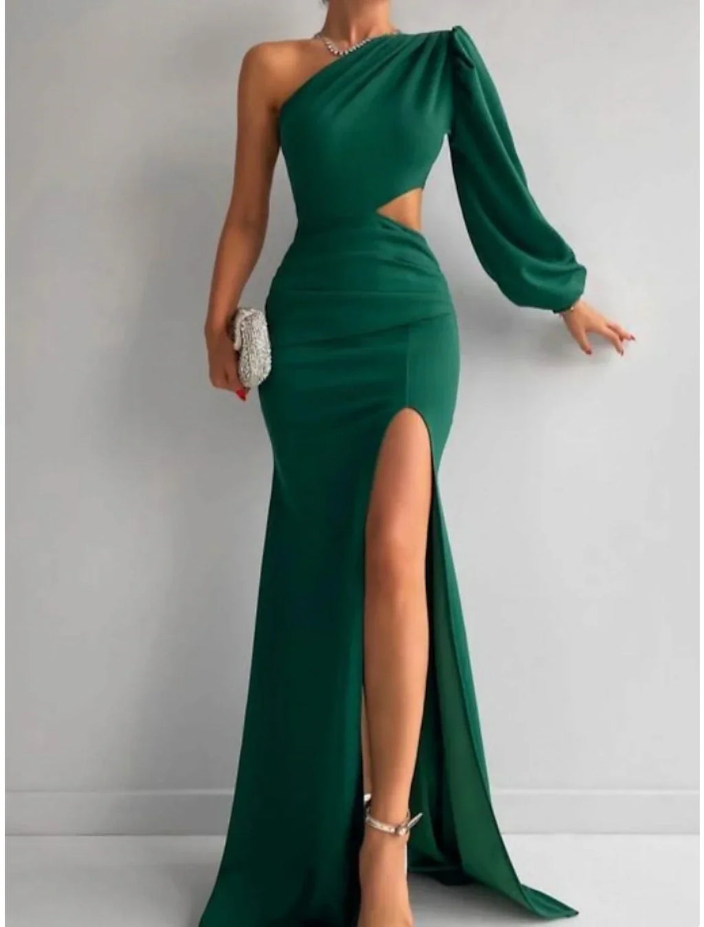 Green Evening Gown Elegant Dress Formal Sweep / Brush Train Christmas Red Dress Long Sleeve One Shoulder Fabric with Pleats Ruched Slit