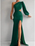 Green Evening Gown Elegant Dress Formal Sweep / Brush Train Christmas Red Dress Long Sleeve One Shoulder Fabric with Pleats Ruched Slit