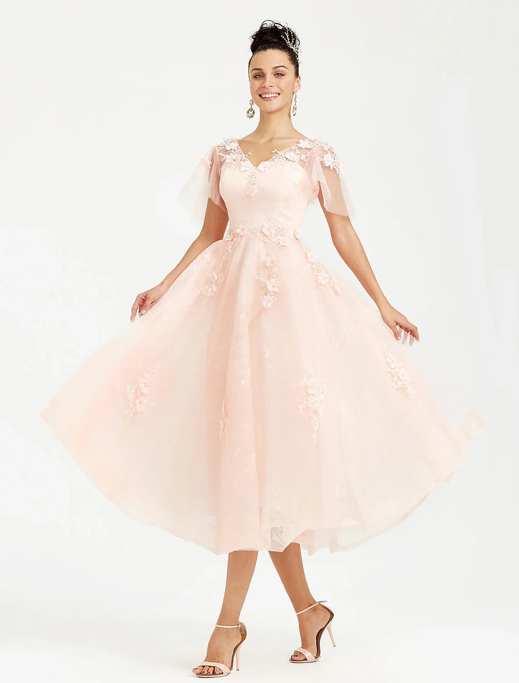 Wedding Guest Tea Length Short Sleeve V Neck with Appliques
