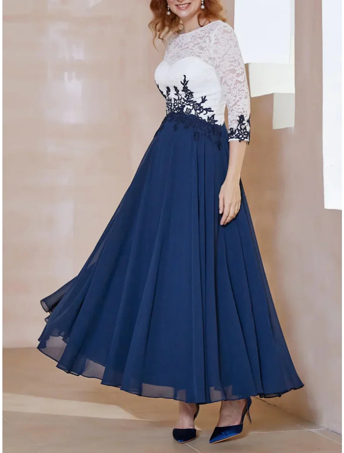 Mother of the Bride Dress Wedding Guest Elegant Scoop Neck Ankle Length 3/4 Length Sleeve with Ruching