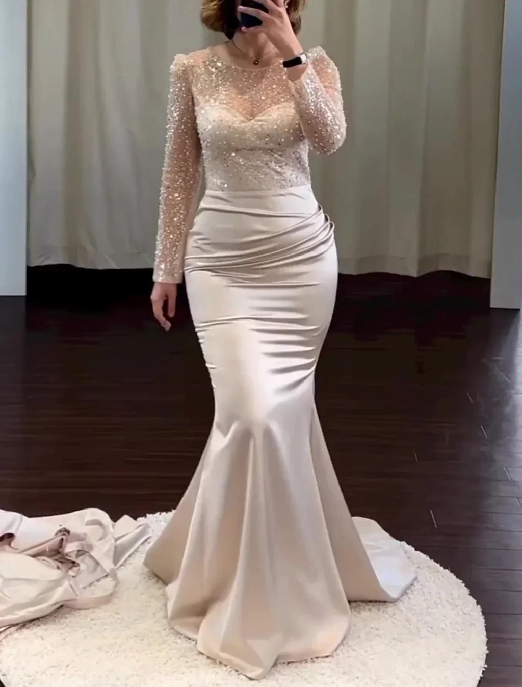Black Mermaid / Trumpet Evening Gown Convertible Infinity Dress Wedding Tie Floor Length Long Sleeve Jewel Neck Detachable with Pearls