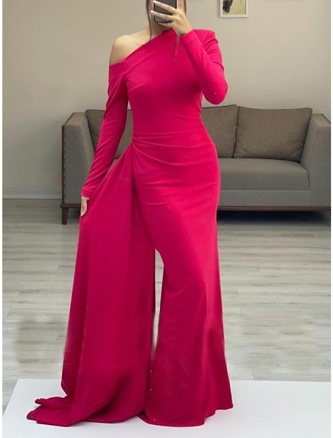 Sheath / Column Evening Gown Elegant Dress Formal Evening Floor Length Long Sleeve One Shoulder Fall Wedding Guest Fabric with Sleek Ruched