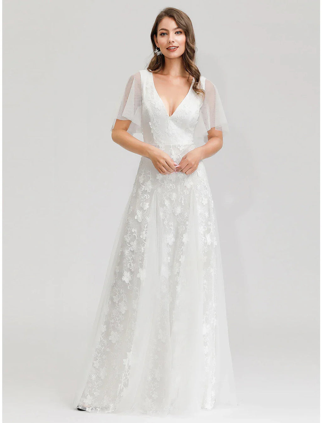 Open Back Dresses A-Line Short Sleeve V Neck Appliques
