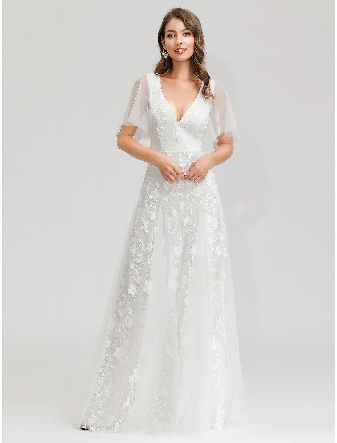 Open Back Dresses A-Line Short Sleeve V Neck Appliques