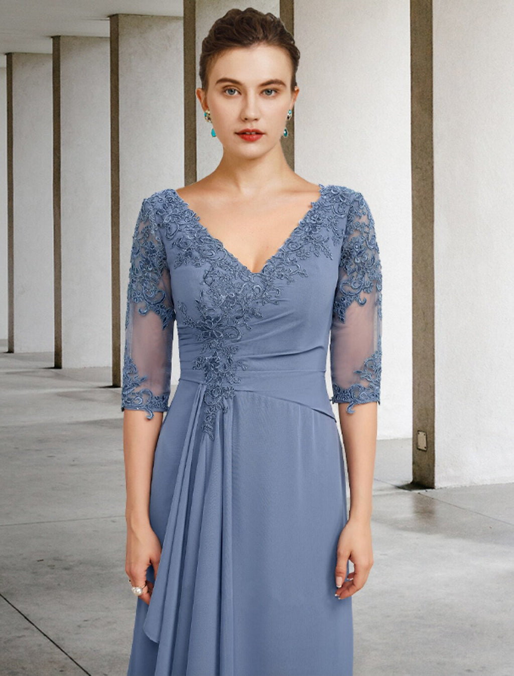 Mother of the Bride Dress Vintage Elegant V Neck Floor Length Half Sleeve Appliques Ruching