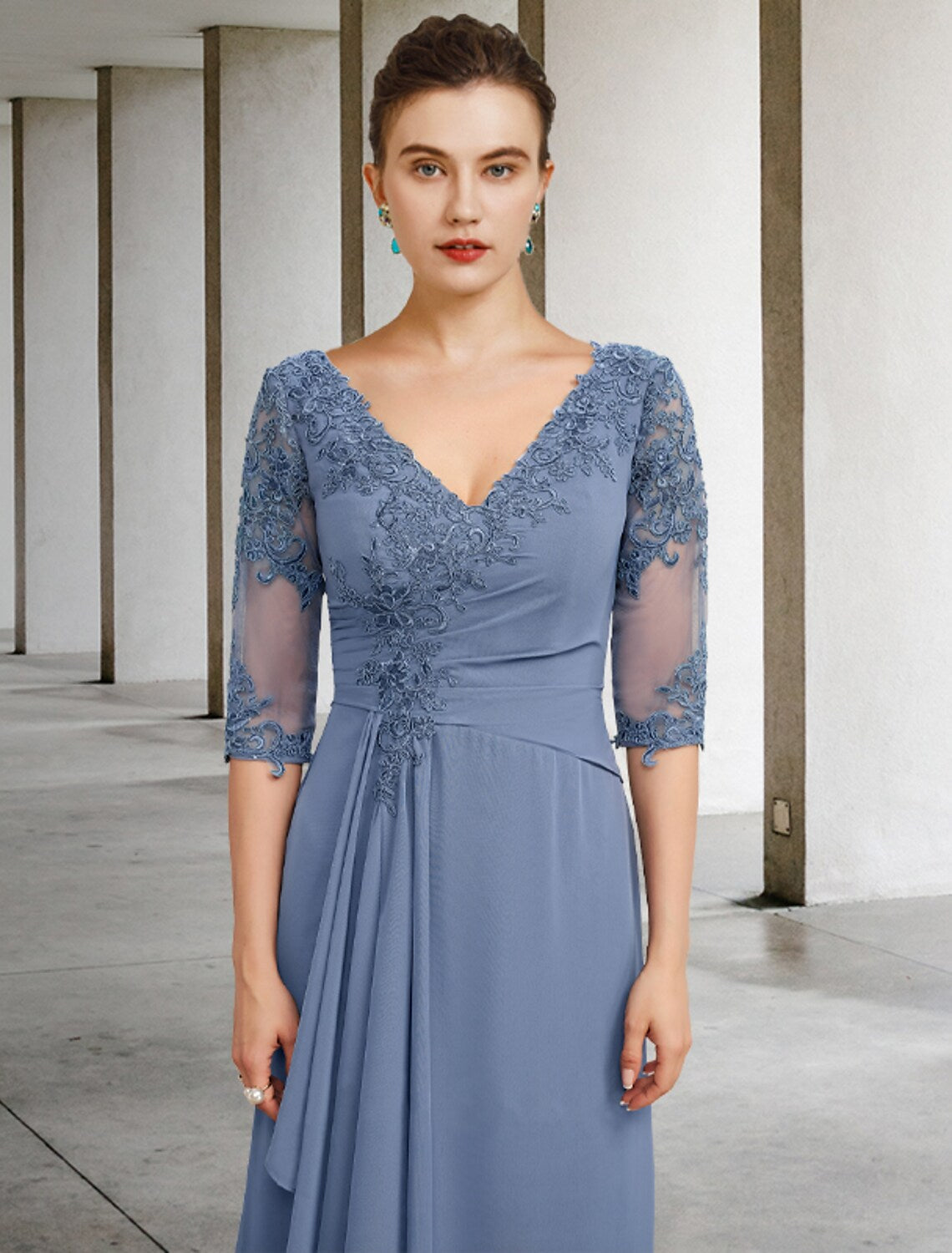 Mother of the Bride Dress Vintage Elegant V Neck Floor Length Half Sleeve Appliques Ruching
