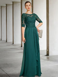 Mother of the Bride Dress Luxurious Elegant Jewel Neck Floor Length Half Sleeve with Pleats Beading Appliques